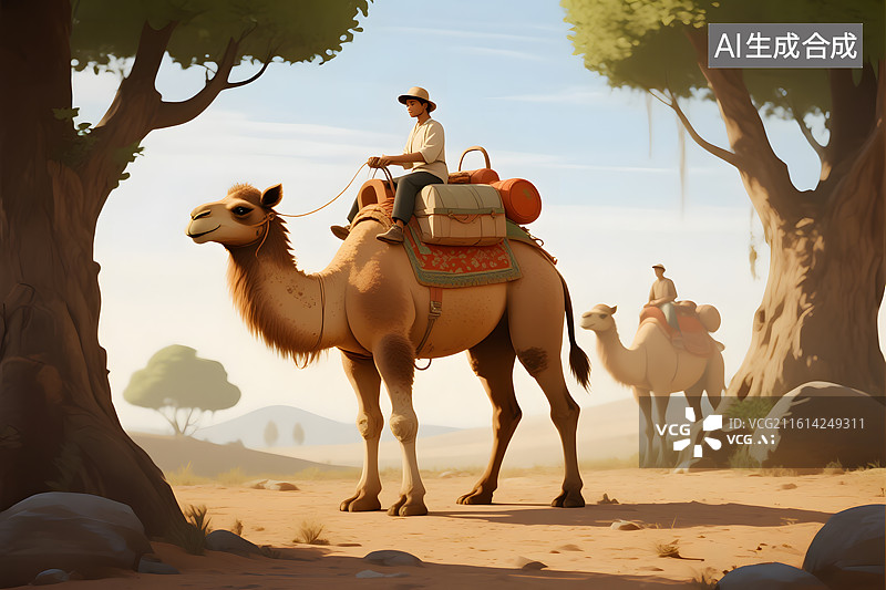 【AI数字艺术】沙漠驼队与旅行者图片素材