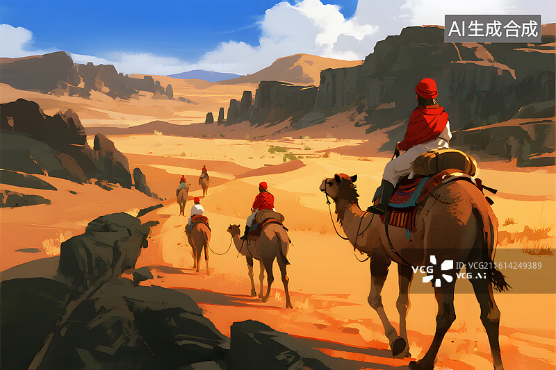 【AI数字艺术】沙漠驼队与旅行者图片素材