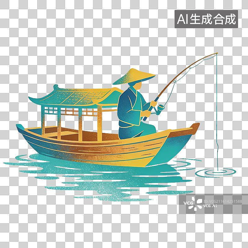 【AI数字艺术】渔船渔夫钓鱼插画图片素材