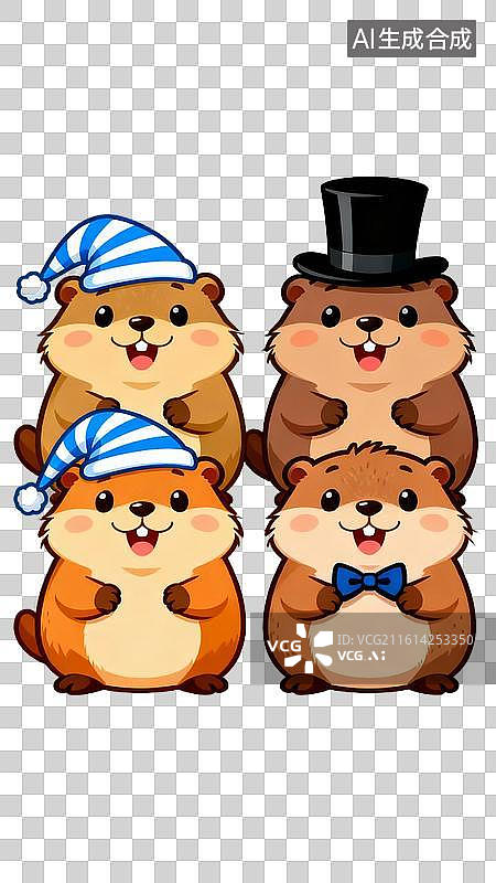 【AI数字艺术】四只戴帽卡通土拨鼠图片图片素材
