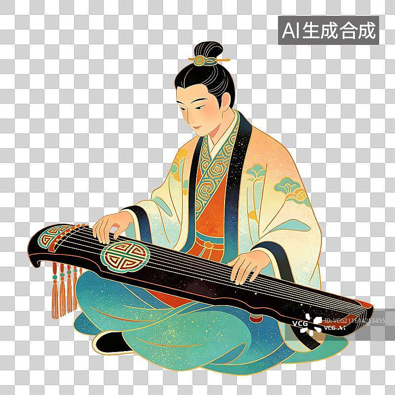 【AI数字艺术】古人弹琴插画图片素材