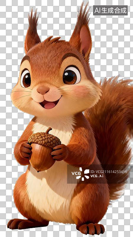 【AI数字艺术】卡通松鼠手捧橡果微笑图片素材