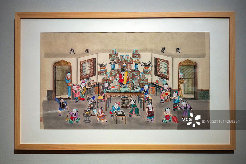 天津杨柳青年画《闹学顽戏》 清版 中国美术馆“四时玩趣-中国美术馆藏民间美术迎春展”图片素材