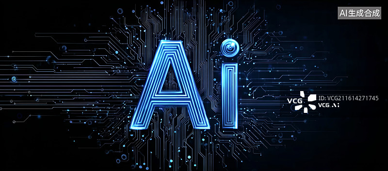 【AI数字艺术】蓝色发光的AI字母与电路图案背景图片素材
