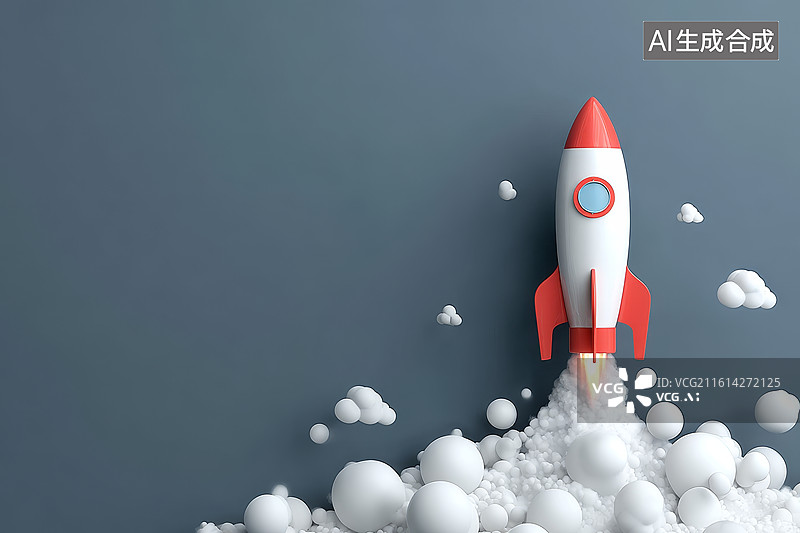 【AI数字艺术】红色火箭升空穿越云雾的创意插画图片素材