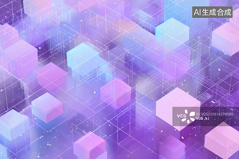 【AI数字艺术】紫色调立方体网格构成的抽象科技背景图片素材