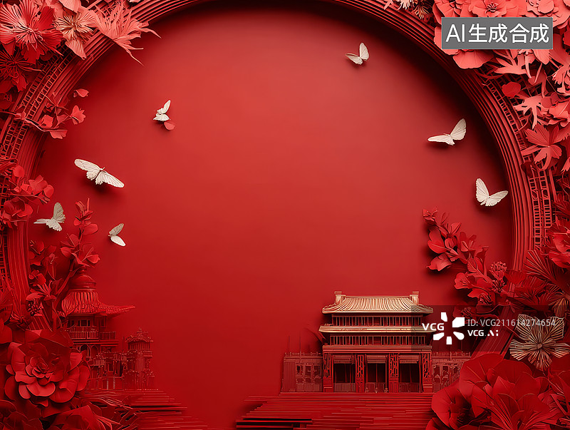 【AI数字艺术】红色背景上的建筑与花卉蝴蝶装饰图案图片素材