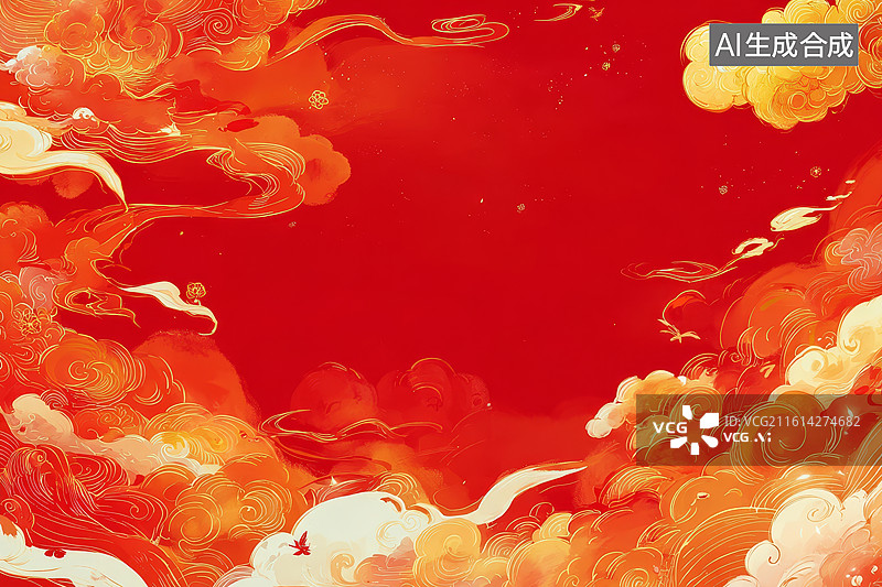 【AI数字艺术】红色背景上的橙黄色祥云图案装饰画图片素材