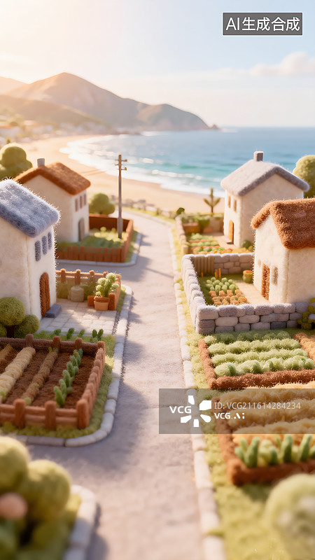【AI数字艺术】AIGC：毛毡风格海边乡村小镇，自然风光，治愈系背景图片素材