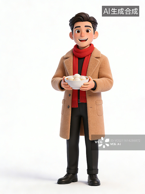【AI数字艺术】年轻男性，面带微笑，双手捧汤圆碗，站立姿势，穿驼色大衣、红围巾、黑裤黑鞋，厨师或服务员职业装图片素材