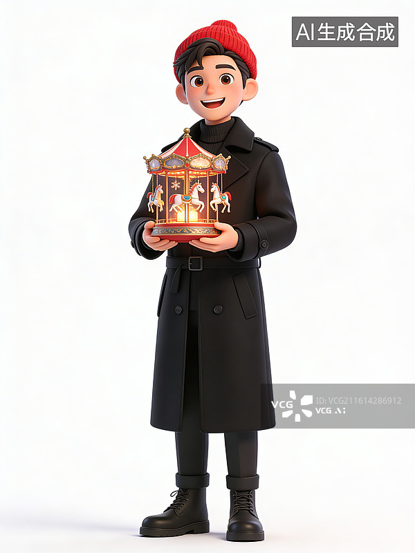 【AI数字艺术】年轻男性，面带微笑，手持旋转木马花灯，身穿黑色大衣、红色帽子和黑色靴子，姿态自信图片素材