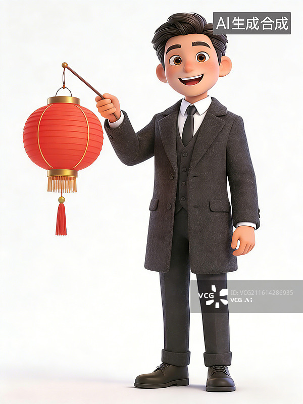 【AI数字艺术】年轻男性，面带微笑，手持红色灯笼，身穿灰色西装、黑色领带和皮鞋，站立姿势，显得正式而喜庆图片素材