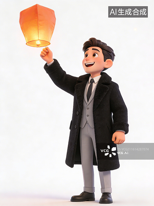 【AI数字艺术】年轻男性动画角色，面带微笑，手持孔明灯，身穿黑色大衣灰色西装，抬头仰望，姿态自信，在指引或庆祝图片素材