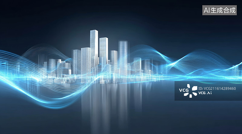 【AI数字艺术】未来城市剪影与蓝色光波流动的科技感画面图片素材