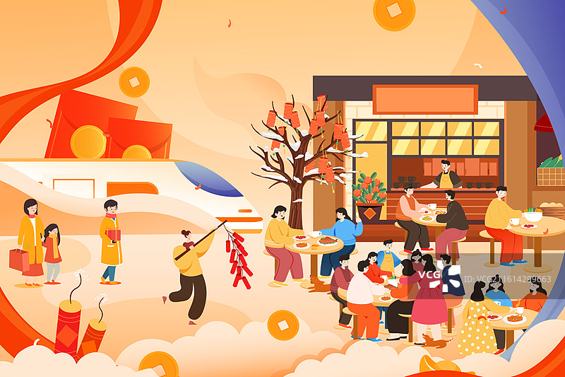 卡通新年春节年货节家人亲子团圆过年红包古建筑春运出行美食餐饮团圆饭电商消费中国风国潮渐变矢量插画图片素材