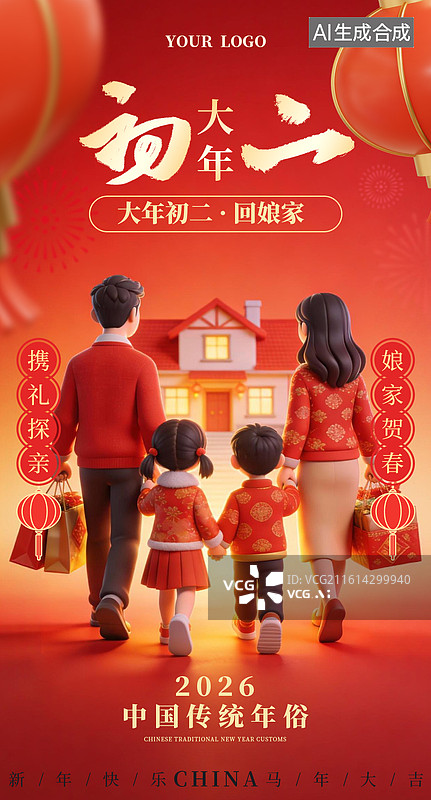 【AI数字艺术】马年大年初二回娘家年俗海报-3D立体国风马年中国年俗商业海报手机海报设计模板图片素材