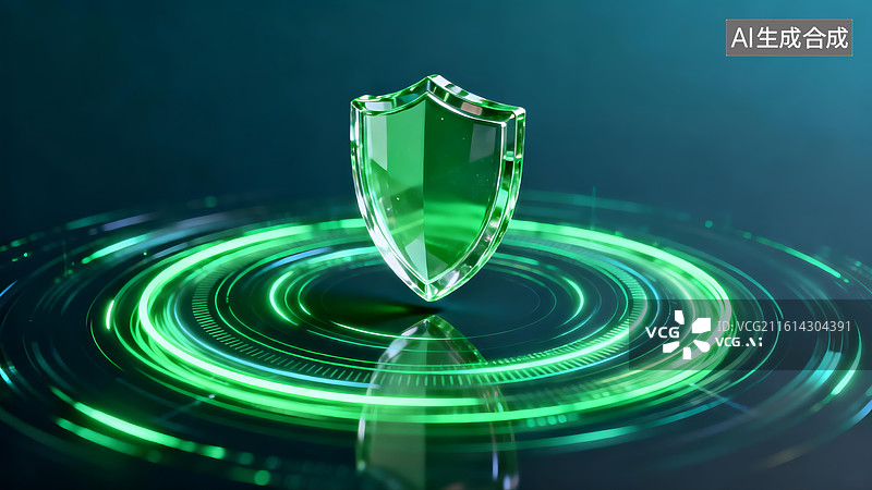 【AI数字艺术】绿色透明盾牌悬浮于光环之上图片素材