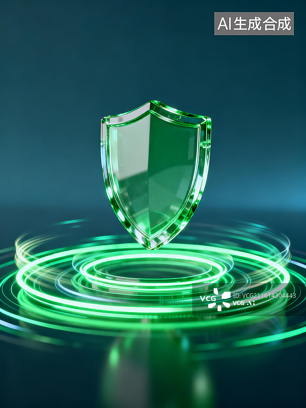 【AI数字艺术】绿色透明盾牌悬浮于光环之上图片素材