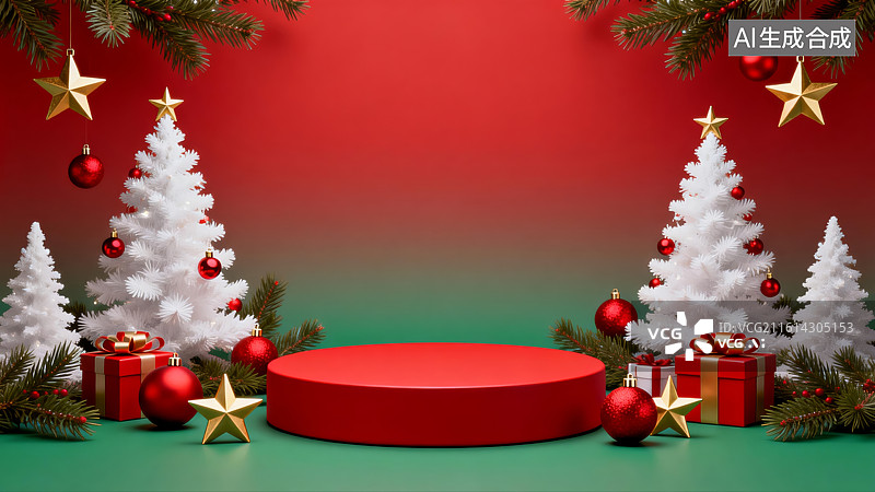 【AI数字艺术】圣诞装饰场景与红色展台图片素材
