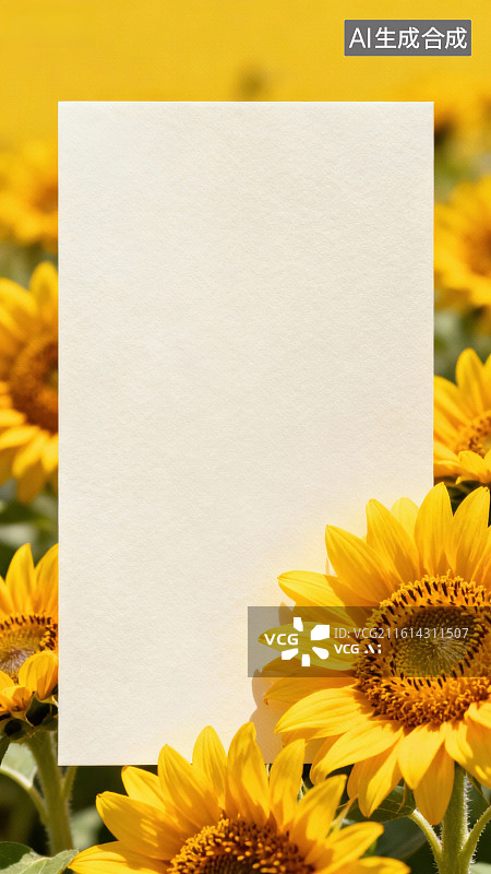 【AI数字艺术】向日葵花田中的空白纸张图片素材
