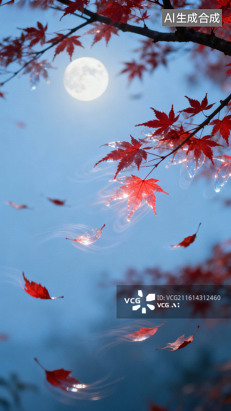 【AI数字艺术】秋夜红叶飘落月光下图片素材