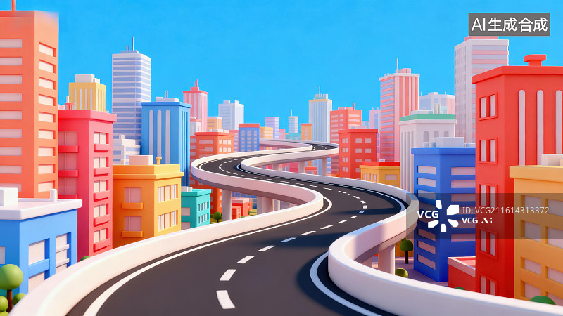 【AI数字艺术】城市高架道路与彩色建筑图片素材