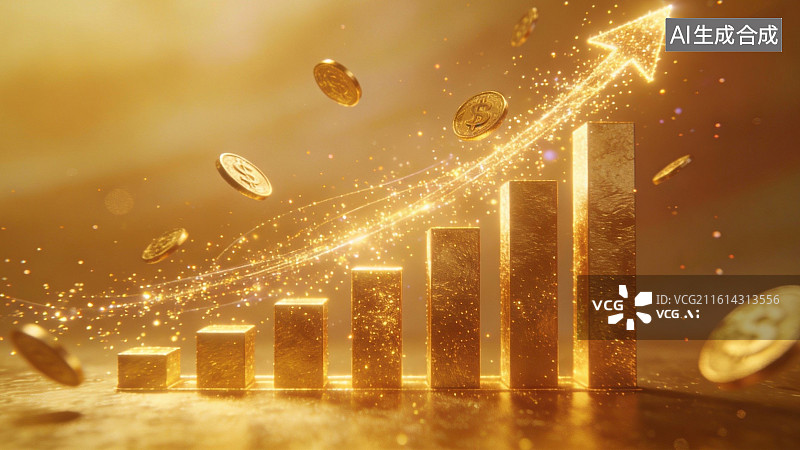 【AI数字艺术】金色增长图表与飞舞硬币图片素材