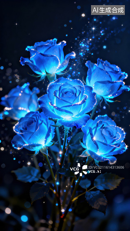 【AI数字艺术】蓝色发光玫瑰花束图片素材