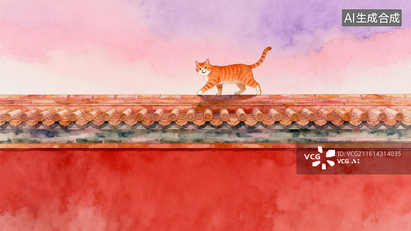 【AI数字艺术】橙猫行走在红色屋檐上图片素材