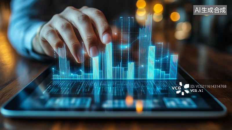 【AI数字艺术】商务人士用手触控平板上的动态图表全息数据投影分析场景图片素材