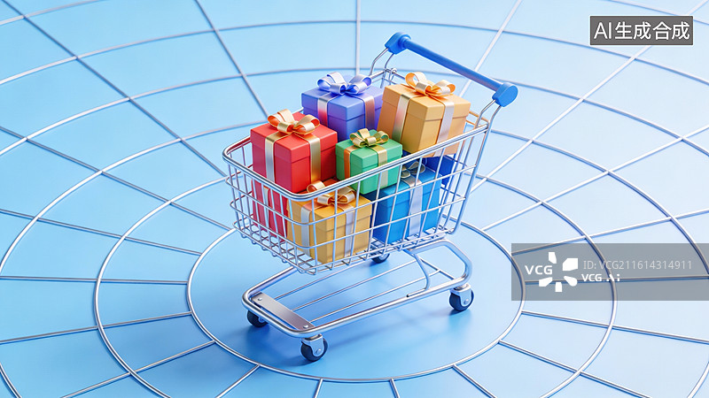 【AI数字艺术】购物车中的彩色礼物盒图片素材