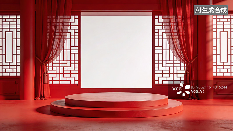 【AI数字艺术】红色中式风格室内场景图片素材