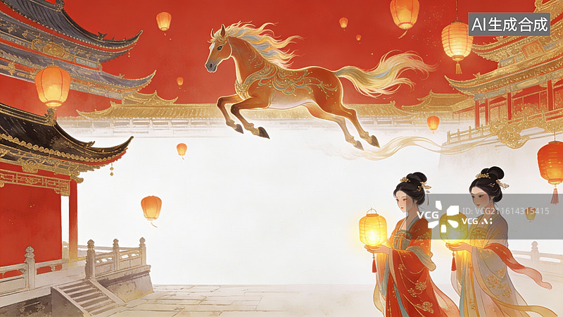 【AI数字艺术】古风女子持灯仰望飞马图片素材