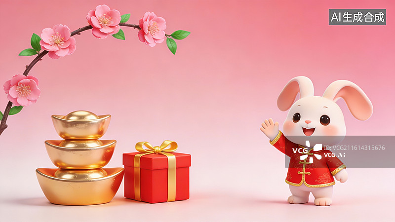 【AI数字艺术】兔子玩偶与金元宝礼盒图片素材