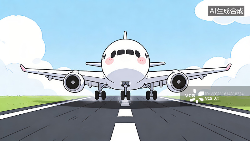 【AI数字艺术】蓝天白云下卡通民航客机在机场跑道起飞降落场景，飞机与旅行主题节假日元旦出行搭乘交通工具主题概念图片素材