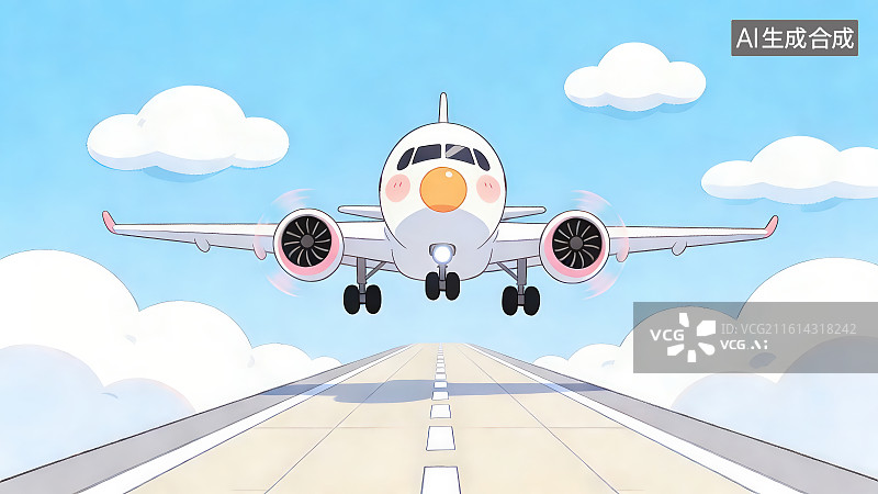 【AI数字艺术】蓝天白云下卡通民航客机在机场跑道起飞降落场景，飞机与旅行主题节假日元旦出行搭乘交通工具主题概念图片素材