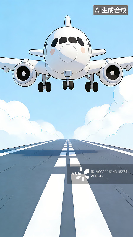 【AI数字艺术】蓝天白云下卡通民航客机在机场跑道起飞降落场景，飞机与旅行主题节假日元旦出行搭乘交通工具主题概念图片素材