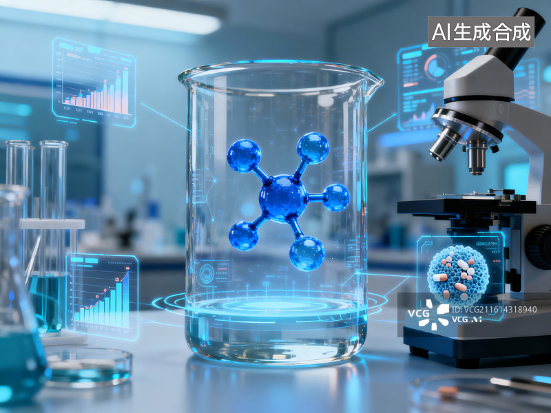 【AI数字艺术】实验室中的化学分子与实验器材图片素材