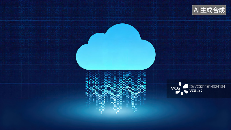 【AI数字艺术】蓝色科技粒子质感蓝色云朵，科技云计算云存储服务器基站数据智能处理概念图片素材