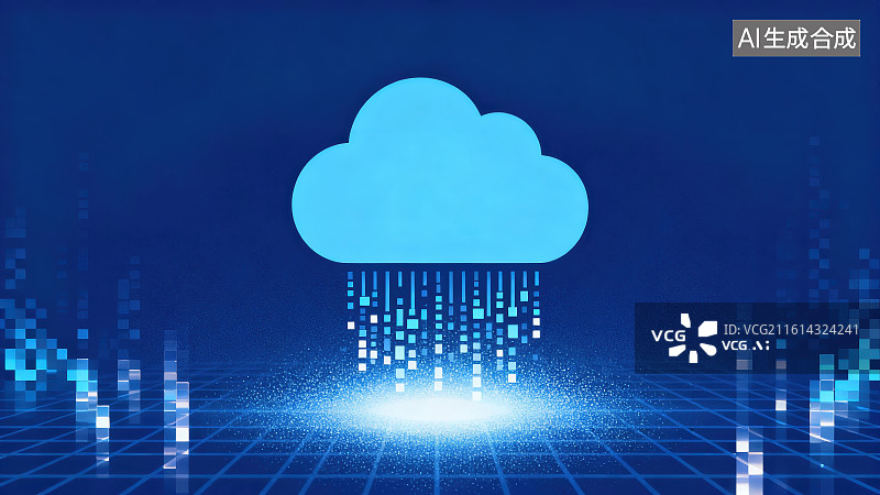【AI数字艺术】蓝色科技粒子质感蓝色云朵，科技云计算云存储服务器基站数据智能处理概念图片素材