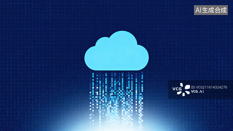 【AI数字艺术】蓝色科技粒子质感蓝色云朵，科技云计算云存储服务器基站数据智能处理概念图片素材
