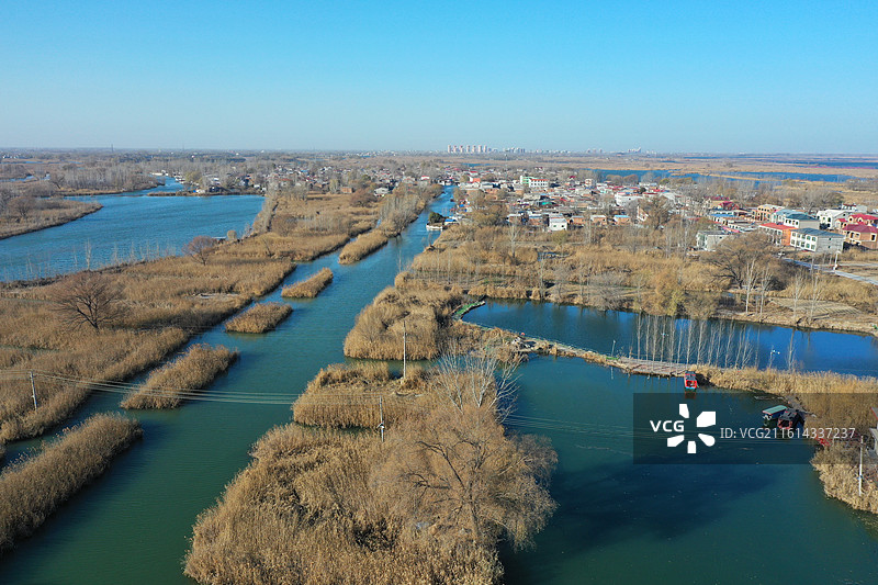 碧水连天映霞光，野鸭掠舞芦花黄  俯身临岸观舟远，银杏红叶风里扬  千岛万湖织洋淀，生态画卷韵悠长图片素材
