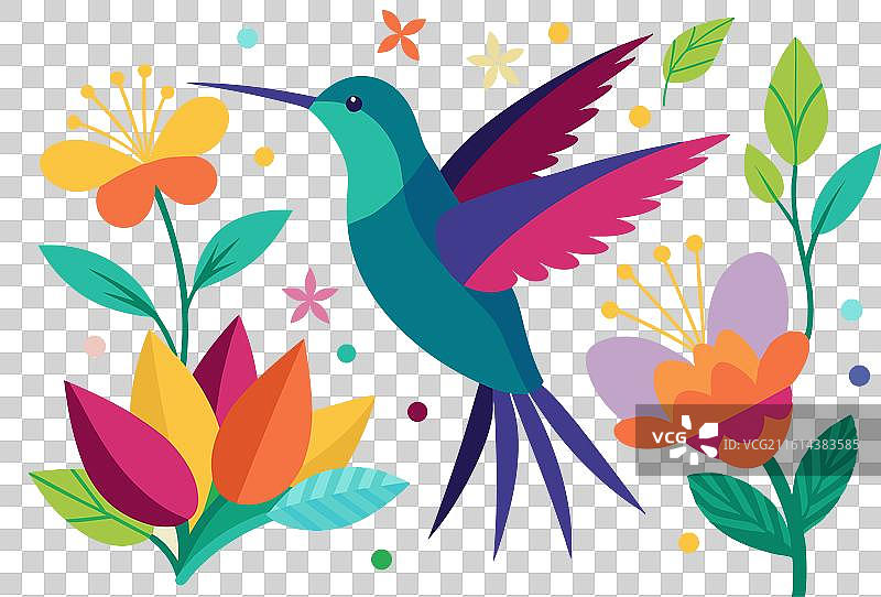 蜂鸟在鲜艳的花朵附近盘旋图片素材