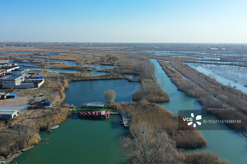 碧水连天映霞光，野鸭掠舞芦花黄  俯身临岸观舟远，银杏红叶风里扬  千岛万湖织洋淀，生态画卷韵悠长图片素材