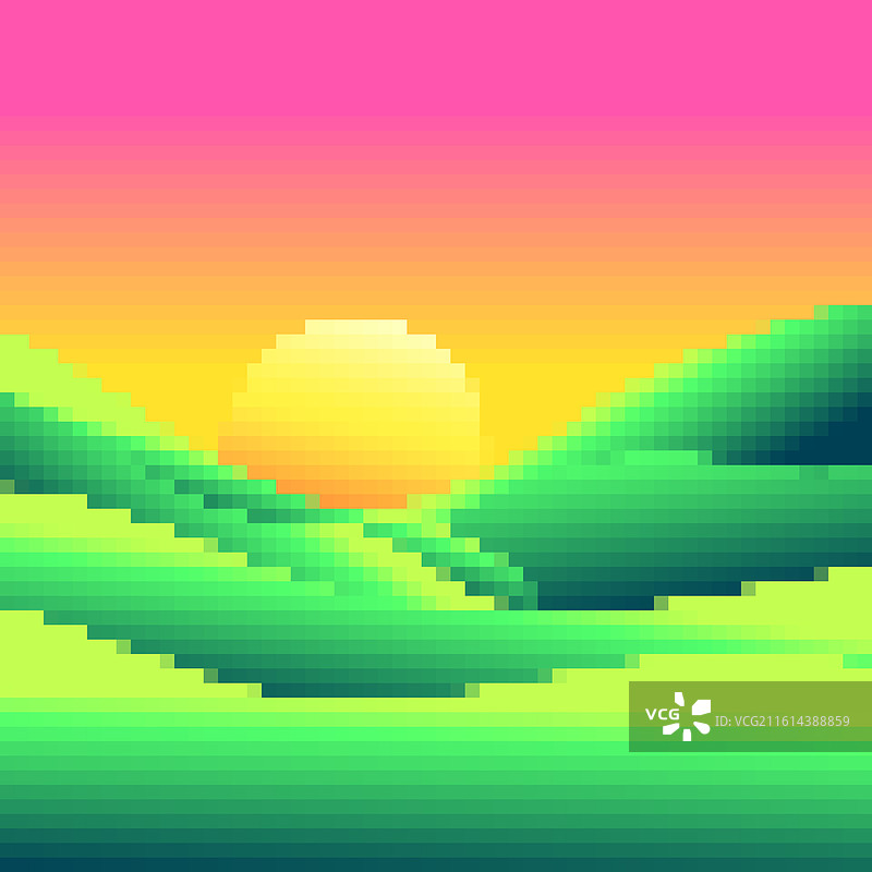 像素艺术风格的黎明绿草甸图片素材