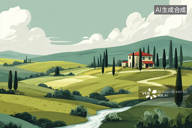 【AI数字艺术】卡通风格田园风光插画图片素材