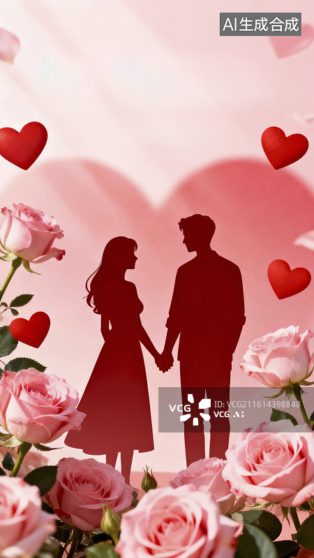 【AI数字艺术】情人节题材插画玫瑰花中的一对情侣图片素材