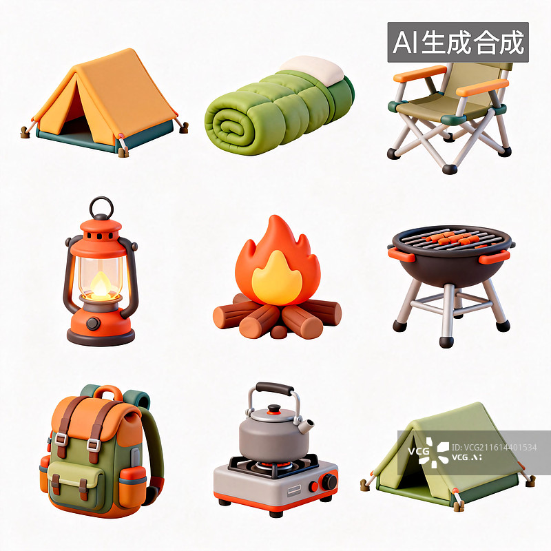 【AI数字艺术】3D卡通户外露营装备模型图片素材