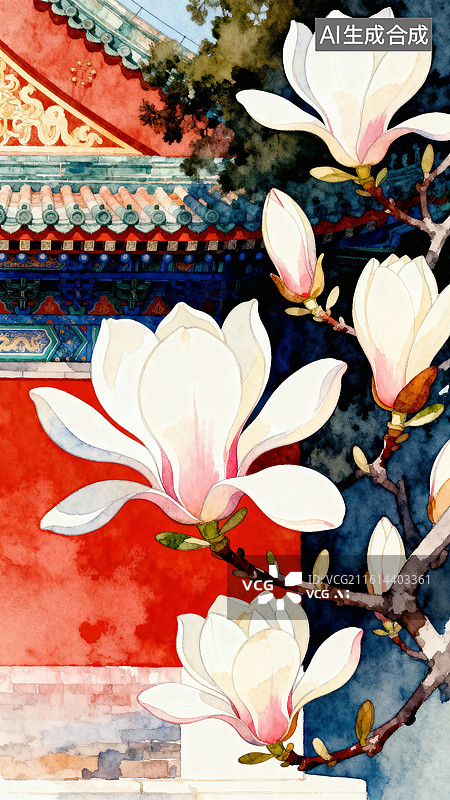【AI数字艺术】红墙蓝影间：玉兰瓣舒展着春日的轻软 3月春天花卉主题插画图片素材