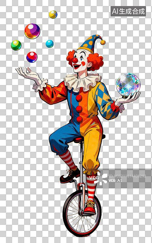 【AI数字艺术】小丑坐单轮脚踏车轮流抛接彩球 4月愚人节创意插画系列图片素材